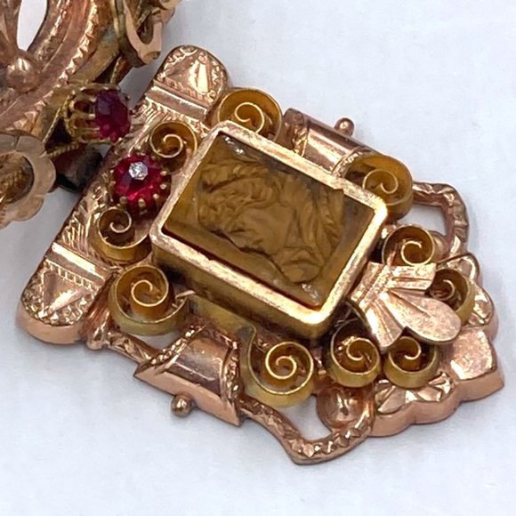 Antique Victorian Rose & Yellow Gold Filled Tiger Eye Cameo Mesh Necklace - Picture 6 of 14